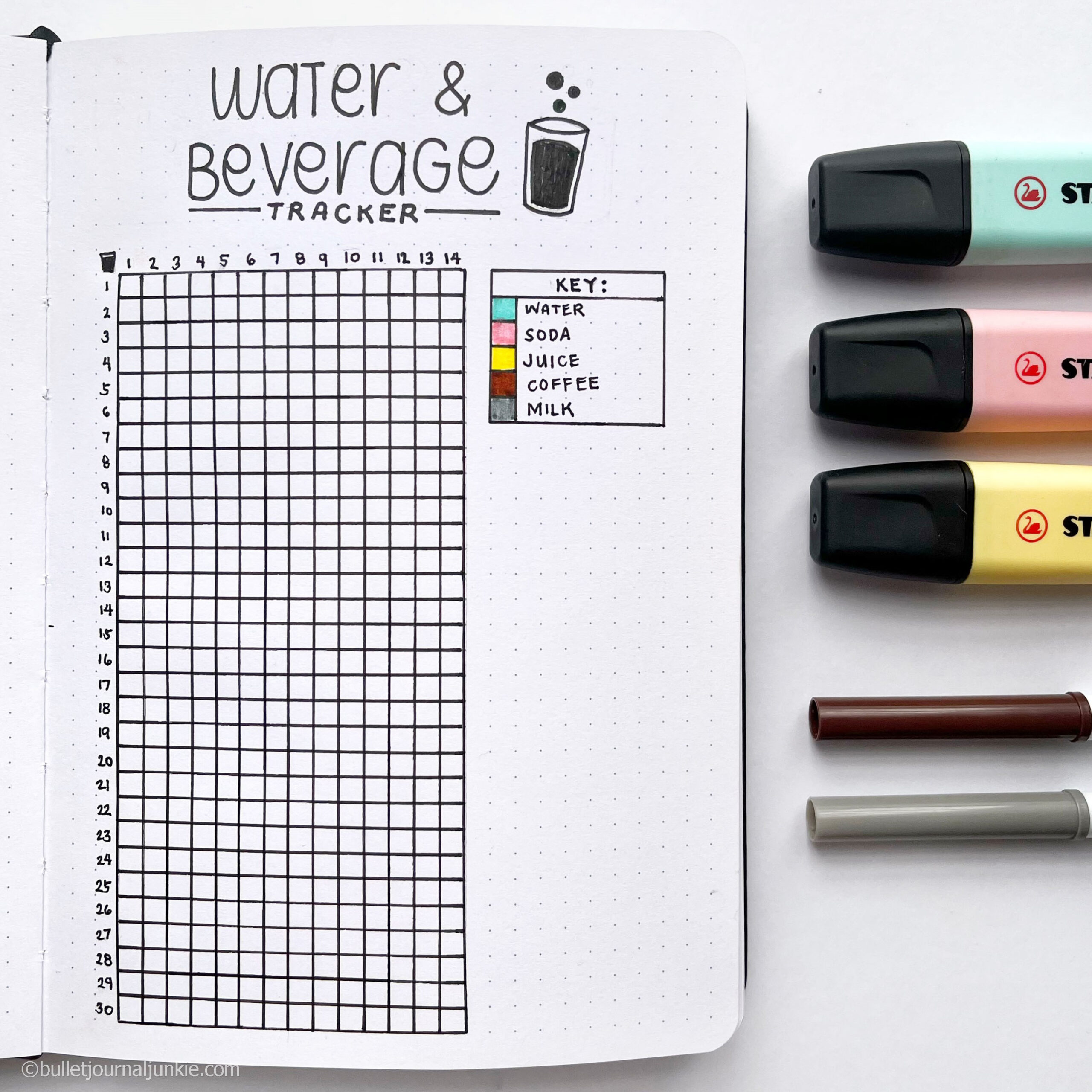 bullet journal water tracker layout (+soda & coffee) - bullet